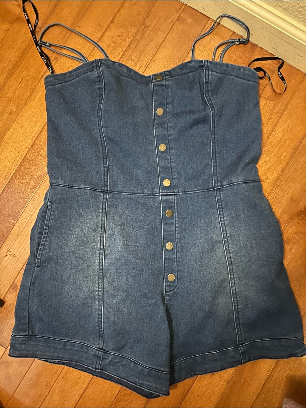 XOXO Blue Denim-Style Button-Front Strap Romper